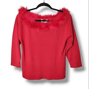 Vintage Cashmora Red Faux-Fur Trim Sweater M Holiday Christmas Red